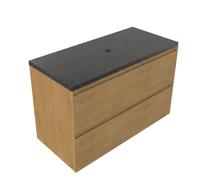 Saniclass Holz Pure Ensemble meuble de salle de bains - 100x45x63cm - plan vasque en basalte Noche poli (noir) - sans trou de robinet - 2 tiroirs - chêne natural mat (bois) SW1420787/SW728236