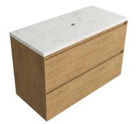 Saniclass Holz Pure Ensemble meuble de salle de bains - 100x45x63cm - Plan vasque en marbre Dia poli (blanc) - sans trou de robinetterie - 2 tiroirs - chêne natural mat (bois) SW1420787/SW728217