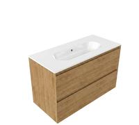 Saniclass Holz Pure Ensemble meuble de salle de bains - 100x45x73.9cm - lavabo Chaci en céramique blanc - 1 vasque - sans trou de robinetterie - 2 tiroirs - chêne natural mat (bois) SW1420787/SW123484
