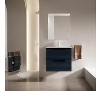 Saniclass Prime Balance Ensemble meuble de salle de bains - 60x55x45cm - 1 vasque rectangulaire en céramique blanche - 1 trou de robinet - 2 tiroirs - miroir rectangulaire - bleu marine mat SW892616/S
