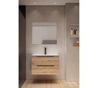 Saniclass Prime Balance Meuble de salle de bain - 80x55x45cm - 1 vasque rectangulaire en céramique blanc - 1 trou de robinet - 2 tiroirs - miroir rectangulaire - chêne rustique SW724611/SW804531/SW102