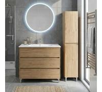 SANIVERRE Ensemble Meuble Vasque L.100cm + 1 Colonne sur Pied 3 tiroirs Chêne Naturel Collection Salle de Bain LISBONA