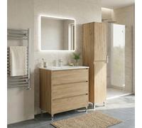 SANIVERRE Ensemble Meuble Vasque L.80cm + 1 Colonne sur Pied 3 tiroirs Chêne Naturel Collection Salle de Bain LISBONA