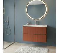 SANIVERRE EVA Meuble Simple Vasque L.80 cm à Suspendre Chêne Moka 2 Tiroirs Brique Cannelé (sans Colonne) Salle de Bain