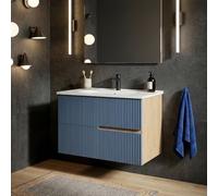 SANIVERRE EVA Meuble Simple Vasque L.80cm à Suspendre Chêne Naturel 2 Tiroirs Bleu Mer Cannelé (sans Colonne) Collection Salle de Bain