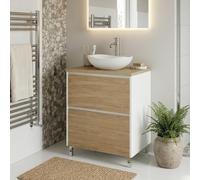 SANIVERRE LISBONA Meuble Vasque à Poser sur Pied L.60 cm Blanc Laqué 2 Tiroirs Chêne Naturel (sans Colonne) Collection Salle de Bain