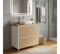 SANIVERRE LISBONA Meuble Vasque à Poser sur Pied L.80 cm Blanc Laqué 2 Tiroirs Chêne Naturel (sans Colonne) Collection Salle de Bain