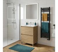 SANIVERRE LISBONA Meuble Vasque sur Pied 2 Tiroirs Chêne Naturel L.60 cm avec Vasque Encastrée en Céramique Blanche Salle de Bain