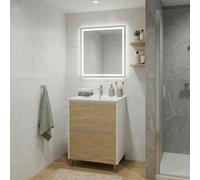 SANIVERRE LISBONA Meuble Vasque sur Pied L.60 cm Blanc Laqué 2 Tiroirs Chêne Naturel avec Vasque Encastrée en Céramique (sans Colonne) Salle de Bain