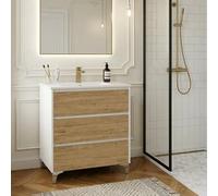 SANIVERRE LISBONA Meuble Vasque sur Pied L.80 cm Blanc Laqué 3 Tiroirs Chêne Naturel avec Vasque Encastrée en Céramique (sans Colonne) - Salle de Bain