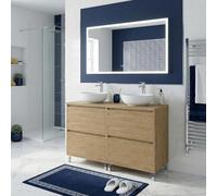 SANIVERRE Meuble Double Vasque à Poser L. 120 cm sur Pied 4 Tiroirs Chêne Naturel Collection Salle de Bain LISBONA sans Colonne