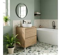 SANIVERRE Meuble Vasque à Poser sur Pied 2 Tiroirs L.60 cm Chêne Naturel Collection Salle de Bain LISBONA sans Colonne