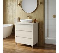 SANIVERRE Meuble Vasque à Poser sur Pied 3 Tiroirs L.80cm Chêne Blanchi Collection Salle de Bain LISBONA sans Colonne