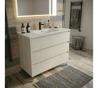 SANIVERRE Meuble Vasque sur Pied 3 Tiroirs Chêne Blanchi L.100cm Collection Salle de Bain LISBONA sans Colonne
