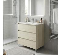 SANIVERRE Meuble Vasque sur Pied 3 Tiroirs Chêne Blanchi L.80 cm avec Vasque Encastrée en Céramique Blanche pour Salle de Bain Collection LISBONA