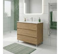 SANIVERRE Meuble Vasque sur Pied 3 Tiroirs Chêne Naturel L. 100 cm Collection Salle de Bain LISBONA sans Colonne