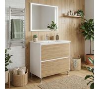 SANIVERRE Meuble Vasque sur Pied L.80 cm Blanc Laqué 2 Tiroirs Chêne Naturel avec Vasque Encastrée en Céramique Collection Salle de Bain LISBONA sans Colonne