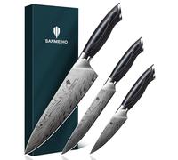 SANMEIHO Set Couteaux Cuisine en Acier Poudré, Ensemble de 3 Couteaux Japonais à Acier Inoxydable Haute Dureté, Manche Ergonomique en Bois, Couteau de Chef, Couteau de Universel et Couteau d'offic