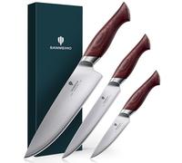SANMEIHO Set de 3 Couteaux de Cuisine Japonais, Ensemble de Couteaux | Acier Inoxydable 10Cr15MoV, Manche Bois Pakka Ergonomique - Couteau de Chef, Couteau d'Office, Couteau Universel