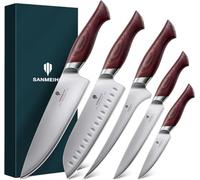 SANMEIHO Set de Couteaux 5 Pièces, Couteau de Cuisine Japonais Tranchant | Acier inox 5 couches, cœur 10Cr15MoV haute dureté, manche Pakka, coffret cadeau, idéal pour viande, légumes et fruits