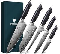 SANMEIHO Set de Couteaux de Cuisine Professionnels 5 Pièces, Couteaux Japonais en Acier en Poudre 63 HRC, Set Couteaux Cuisine Ultra Tranchants 12°, Manche Bois Naturel