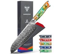 SANMUZUO Damas Couteau de Santoku avec Lame 18 cm Professionnel Couteau de Cuisine en Japonais VG-10 67 Couche Damas Acier avec Poignée en résine(Orange Fantastique) - Xuan Série