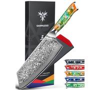 SANMUZUO Damas Couteau Nakiri avec Lame 19 cm Professionnel Couteaux de Cuisine en VG-10 67 Couche Damas Acier avec Poignée en Résine(Orange Fantastique) - Xuan Série