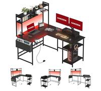 SANODESK LED Bureau Gaming 120 * 140cm, Bureau d'angle avec Rangement, 2 Chargeur USB, 2 Prises, Bureau Informatique PC en Forme L avec Support de Moniteur pour Jouer et Travailler, Noir