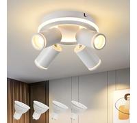 SANSHI Spot de plafond Ronde Orientable 4 Spots,3000K Blanc Chaud,Blanc | LED Plafonnier Pivotants 350°,Moderne Éclairage luminaire avec Lueur inférieure 22W+4x5W GU10,Spot mural Pour Cuisine Salon