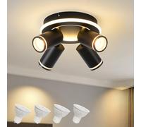 SANSHI Spot de plafond Ronde Orientable 4 Spots,3000K Blanc Chaud,Noir | LED Plafonnier Pivotants 350°,Moderne Éclairage luminaire avec Lueur inférieure 22W+4x5W GU10,Spot mural Pour Cuisine Salon