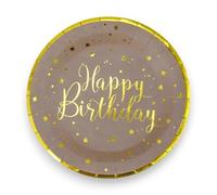 SANTEX 6745-26, Sachet de 10 Assiettes Happy Birthday métal, Kraft/Or