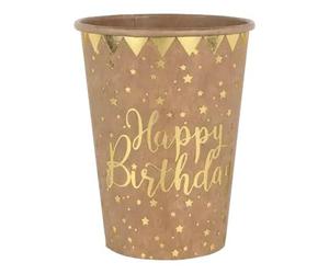 SANTEX 6746-26, Sachet de 10 Gobelets Happy Birthday métal, Kraft/Or (Bord doré)
