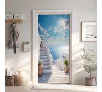 Santorin Poster De Porte Trompe L'oeil, Grèce Auto-Adhésif Sticker Mural, pour Chambre Salon Cuisine, Paysage Stickers Autocollants de Porte 85x215 cm