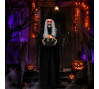 Sanwuta Sorcière animée d'Halloween de 1,8 m avec chaudron lumineux et yeux, décoration effrayante à suspendre avec son et activé au toucher, accessoire de sorcière parlant effrayant pour maison