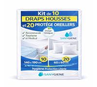 SANYGIENE | Kit Protection Literie Jetable 140X190/200 | 10 Housses Matelas 140X190-200 cm (Extensible) + 20 Taies Oreiller Usage Unique 60X60 cm | Hygiène Lit Tourisme et Médical