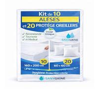 SANYGIENE | Kit Protection Literie Jetable Lit 160 | 10 Alèses 160x200 cm et 20 Protège Oreiller 60x60 cm | Anti Bactéries | Hygiène Literie Tourisme et Médical