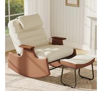 SAOOZBE Fauteuil à bascule avec tabouret, dossier réglable sur 3 positions, fauteuil de relaxation avec appui-tête doux, fauteuil de lecture pour salon, balcon, jardin (velours côtelé, beige A)