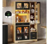 Sapgaks Buffet Salle a Manger 185 × 105 × 40 cm avec étagères réglables,tiroir,éclairage LED à Couleurs changeantes et Prises,Buffet Haut,Meuble de Cuisine (A-Noir + Naturel)