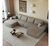 Sapgaks Canapé d'angle Convertible modulaire sans Cadre 340cm,canapé 4 Places avec méridienne à Droite,Pouf,canapé Convertible en Velours côtelé,Assise Profonde,sans Montage,Camel