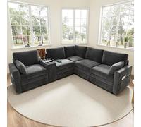 Sapgaks Canapé d'angle en L avec Console,Ports USB et Porte-gobelets,Console Centrale réversible avec Espace de Rangement, canapé 5 Places modulaire en Chenille (C-Gris)