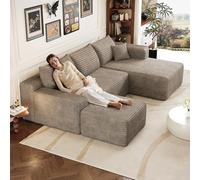 Sapgaks Canapé d'angle en L Moderne 241 cm avec 1 tabourets,canapé 3 Places en Velours côtelé avec Assise Profonde et Angle intégré,canapé Convertible modulaire,Camel-1