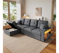Sapgaks Canapé d'angle en L modulable avec éclairage LED,Ports de USB + Type-C,Pouf de Rangement,Double Rangement d'accoudoir,canapé 4 Places en Lin pour Salon,Appartement,Gris Antique