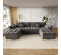 Sapgaks Canapé d'angle en U,canapé 4 Places,Coussins en Mousse Double épaisseur,Comprenant 2 méridiennes,2 Coussins,Pieds en métal doré,Housse Chenille,adapté pour Salon/Chambre (Gris)