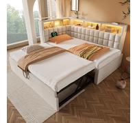 Sapgaks Canape lit en Lin 90x200 avec lit gigogne 90x190,LED,Enceinte Bluetooth, Port de Charge USB+Type-C,tête de lit en L avec étagère de Rangement,Cadre de lit 1 Personnes,sans Matelas (A-Beige)