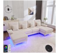 Sapgaks Canapé Moderne en Forme de U avec éclairage d'ambiance LED et Port USB+Type-C,canapé 4 Places avec 4 Coussins Luxueux et Dossier Ergonomique Haut de Gamme,Velours,Beige