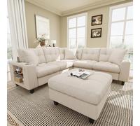 Sapgaks Canapé modulable Moderne 6 Places, avec USB et Porte-gobelet, très Grand canapé d'angle modulable en Forme de U/L,avec Repose-Pieds Amovible et accoudoirs bibliothèque,Tissu Chenille, Beige