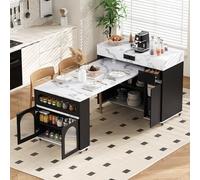 Sapgaks Îlot de Cuisine Mobiles avec Rangement,Plan de Travail,Table à Manger Extensible avec multiprises et Plateau en Verre cannelé,Buffet à Un tiroir,Blanc + Noir
