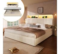 Sapgaks Lit 140 x 190 avec Sommier LED et USB C, Lit Coffre 140x190 avec Rangement et Tete Réglable, Capitonné Double Hydraulique avec à Lattes 2 Personnes, Rembourré Cadre de Velours(sans Matelas)