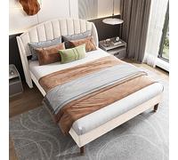 Sapgaks Lit 140x190 avec Sommier à Lattes et Tête de Lit, 2 Personnes, Cadre en Bois, Double, Capitonné pour Adultes & Adolescents, Velours, Beige