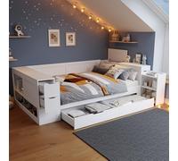Sapgaks Lit 140x190 avec sommier à Lattes,lit Enfant,lit Coffre 140x190 cm avec tiroirs,Cadre de lit de Repos,étagères et placards de Rangement,avec Tables de Chevet,sans Matelas,Blanc